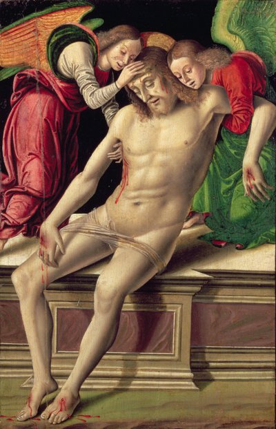 Dead Christ supported by two angels by Giovanni Santi or Sanzio